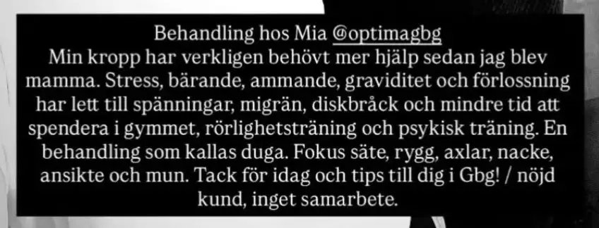 Skärmdump av en recension där en nybliven mamma berättar hur massage hjälpt mot spänningar efter graviditet.