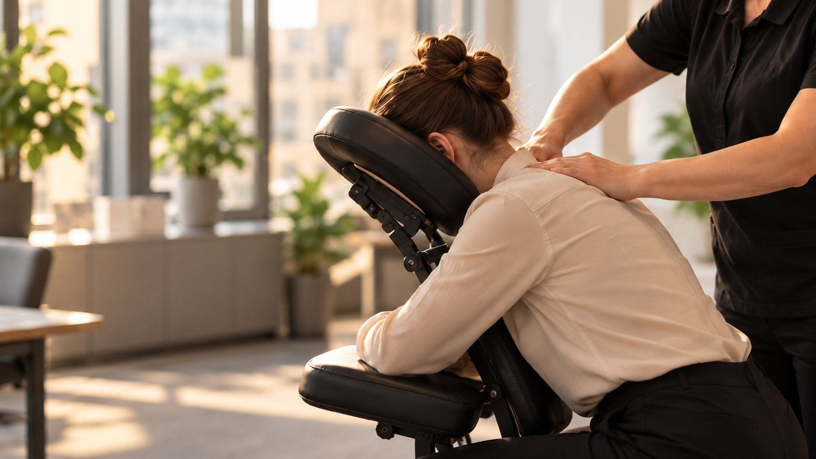 Illustrationsbild: massage av en påklädd medarbetare i en lugn kontorsmiljö.