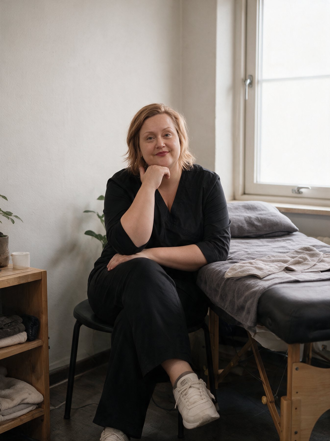 Mia Sassi sittande intill en massagebänk i en ljus behandlingsmiljö.