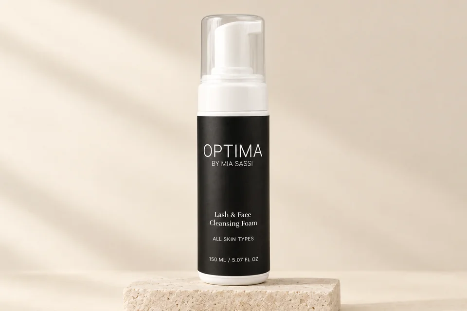 Lash & Face Cleansing Foam från Optima, vit pumpflaska med svart etikett på ljus sten.
